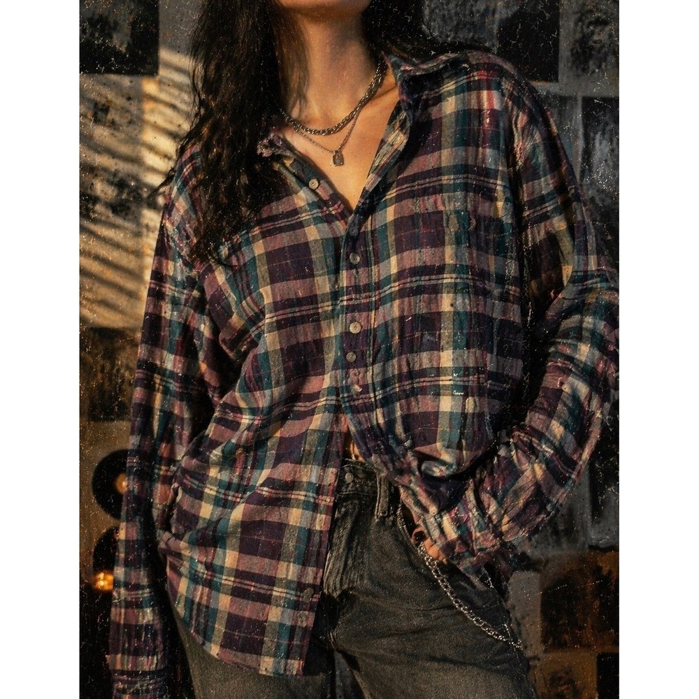 Vintage Plaid Button Up Shirt Purple Green  90s Grunge Cotton Button-Down Size L